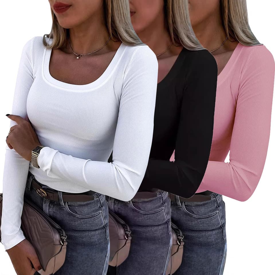 Women's Clothing Long Sleeved Slim Elastic Round Neck Ribbed T Shirt Casual Basic Tops