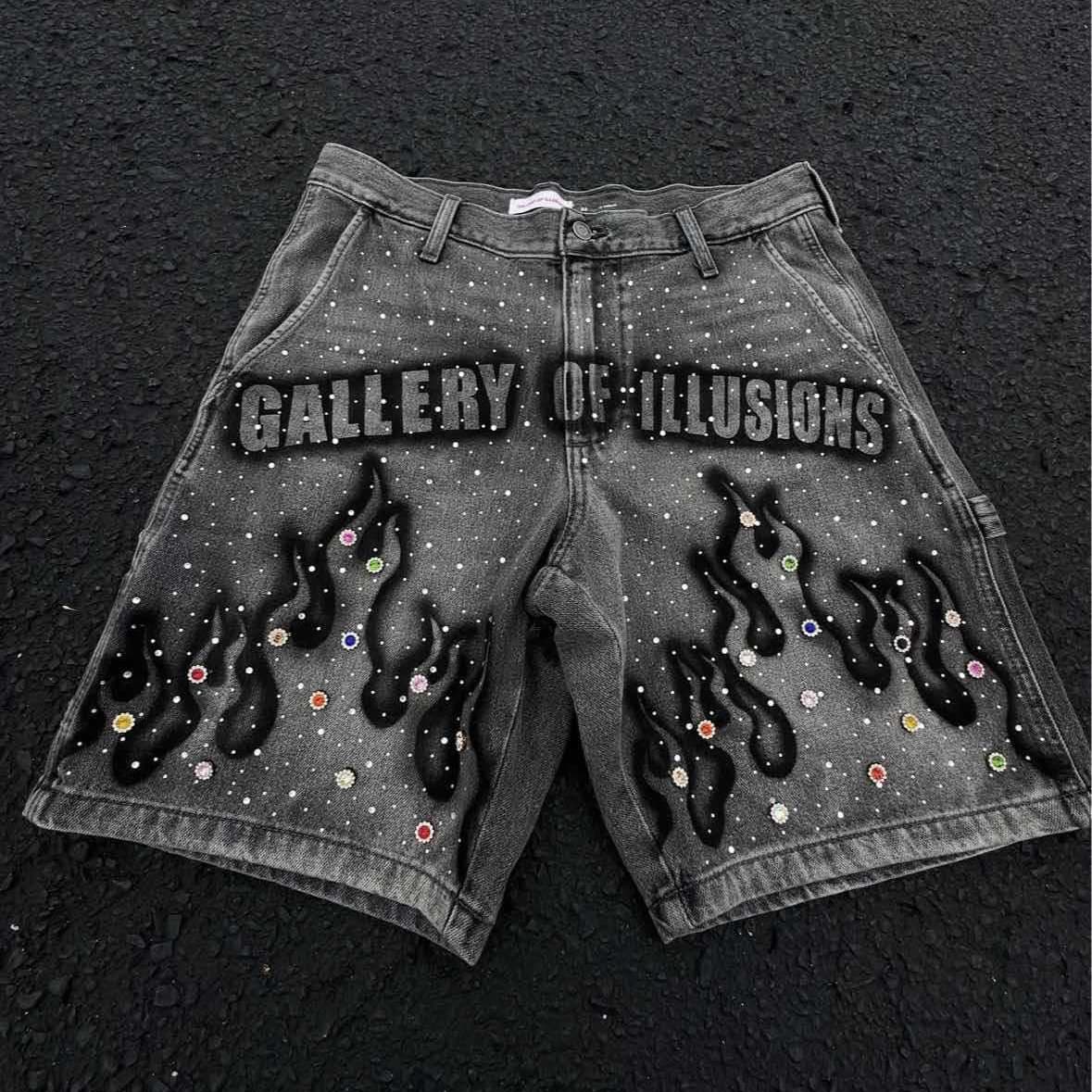 Men's Clothing Summer New Washed Black And Gray Men's Denim Shorts Slim Fit Elastic Ink Splash Hole Patch Shorts
