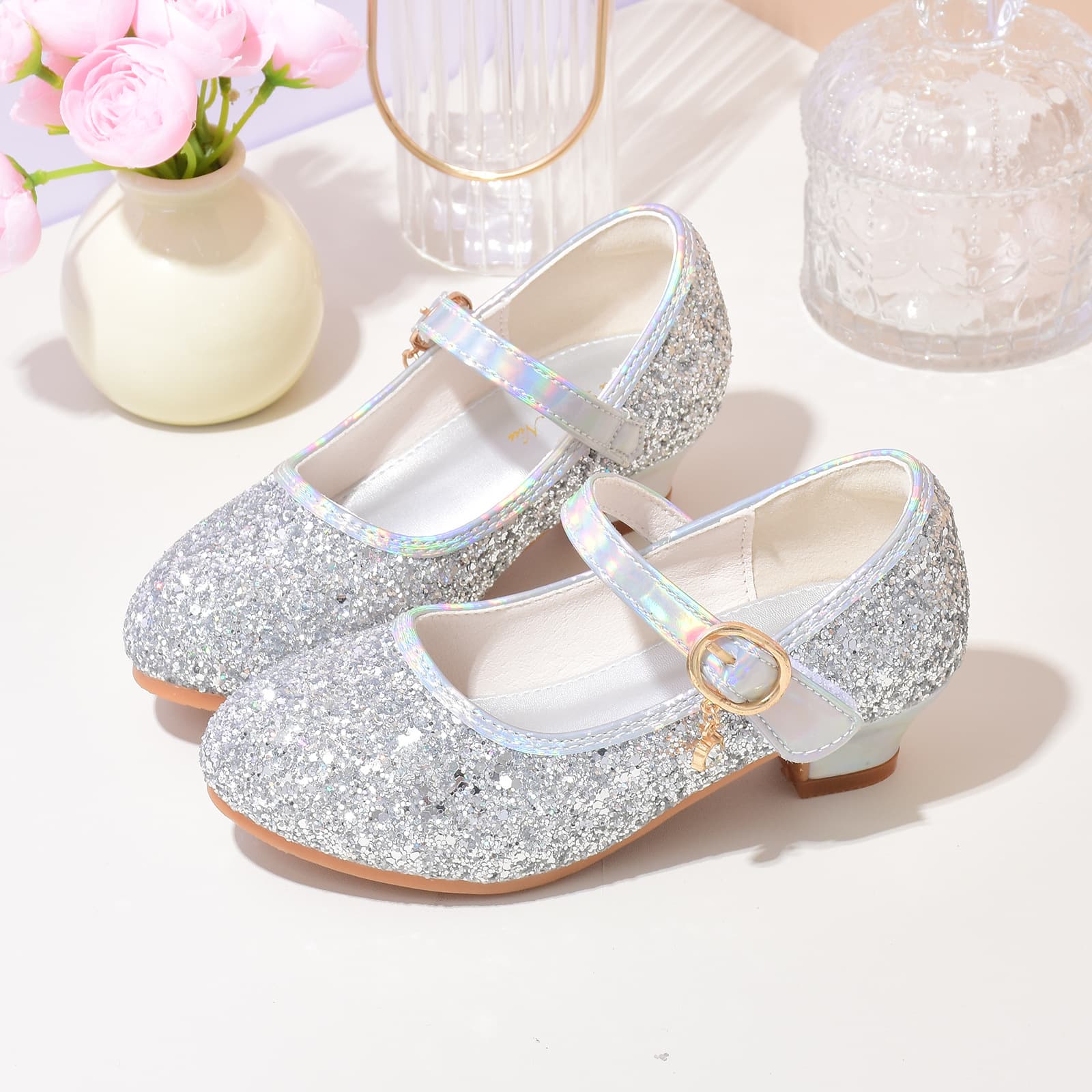 Children's glass shoes Spring and autumn fashion high-heeled girl princess shoes silver performance chorus of large children's single shoes