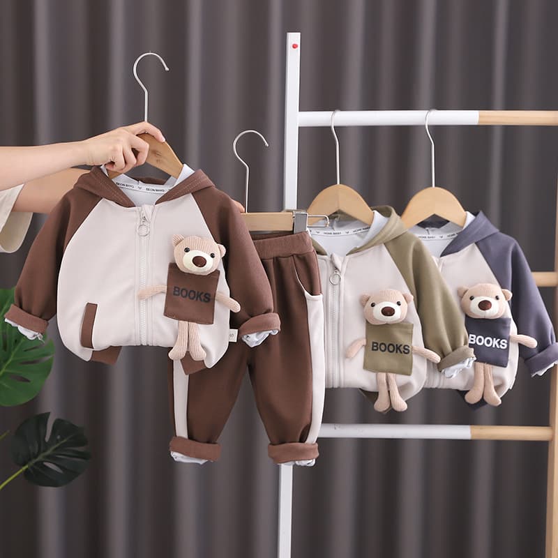 Wneebear Kids Hooded Bear Print Outfit Set - Soft Cotton 2-Piece Jacket & Pants For Boys & Girls (80-120cm) - Cozy Winter Spring Fall Casual Wear