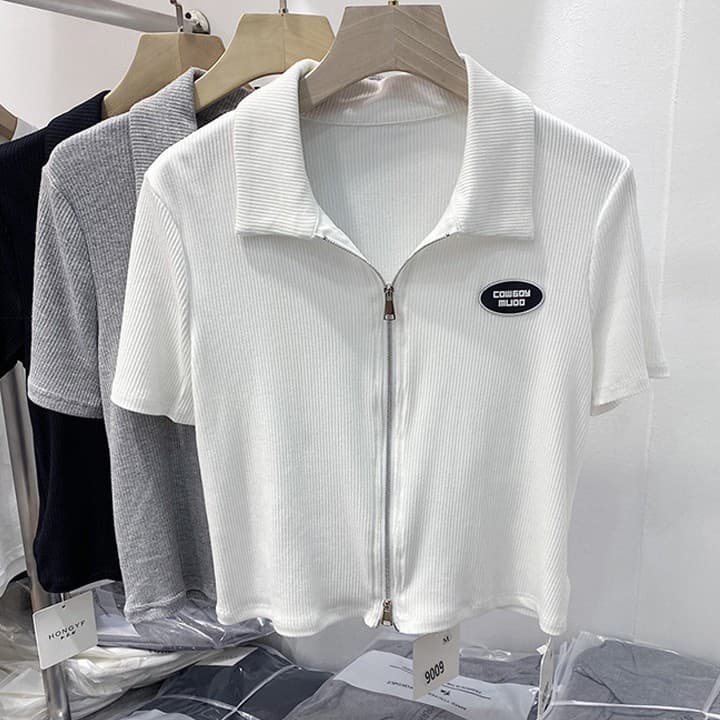 Chemise à manches courtes et fermeture éclair pour femme avec double fermeture éclair – Élégante et confortable pour le travail et les loisirs (noir/blanc/gris, tailles M à 2XL)