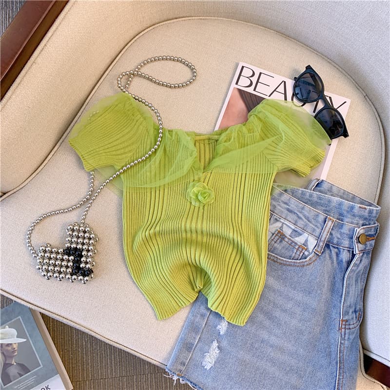 Women's Clothing One Shoulder Collar Summer New Style High End Short Sleeved Knitted Sweater For Women With Beautiful Flowers Mesh Splicing Short Tops