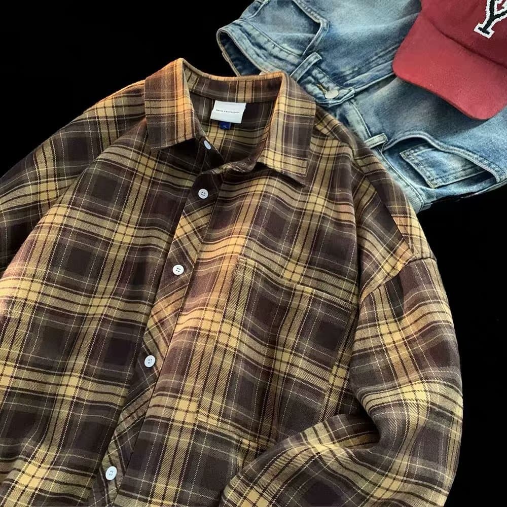 Spring and Autumn Checkered Shirt Men's Trendy Brand Interior Thin Coat Rascal Handsome High End Long Sleeve Shirt