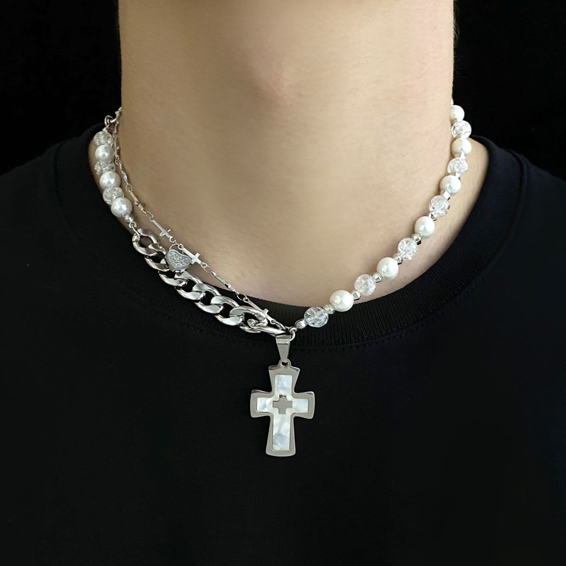 Design National Trend Pendant Hip Hop Titanium Steel Multi Layer Pearl Pendant Necklace Cross Necklace Men's