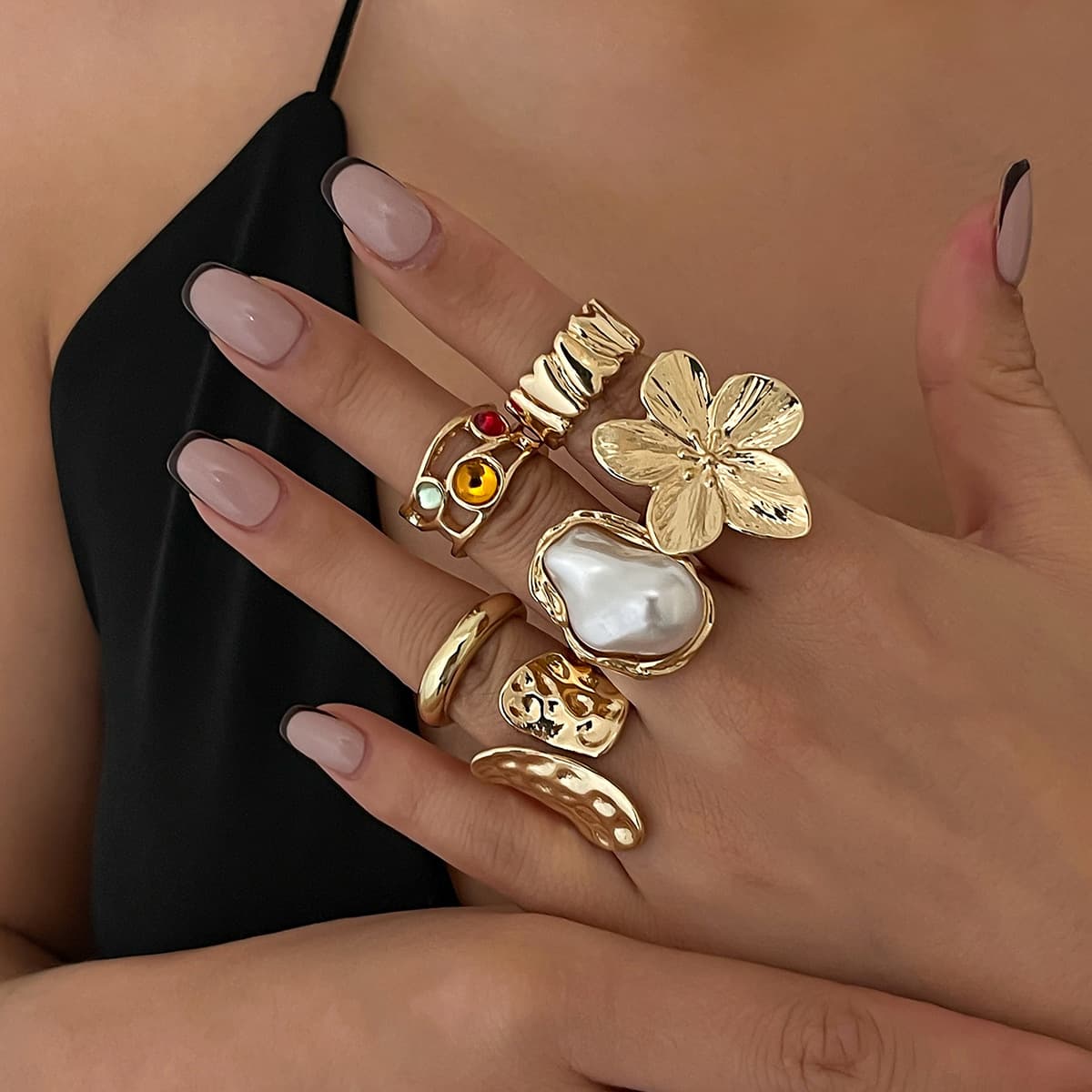Baroque Pearl Combination For Women Metal Lava Flower Ring Set