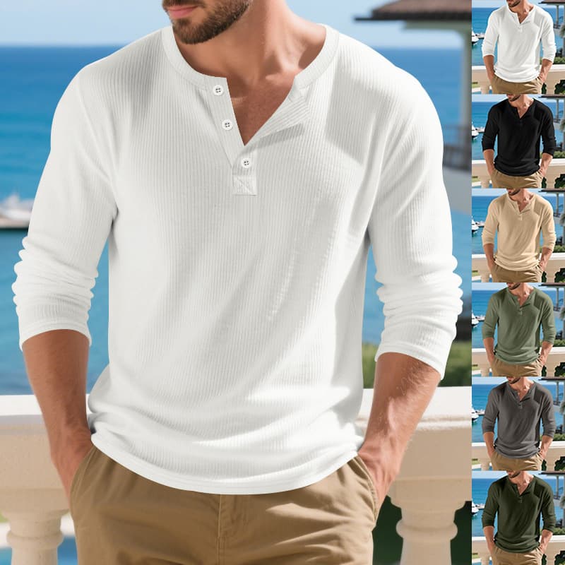 Men's Clothing Heavyweight Long Sleeve Henley T-Shirt - Relaxed Fit, Ribbed Texture, Casual & Commuter Friendly (White, Black, Gray, Olive, Khaki)​