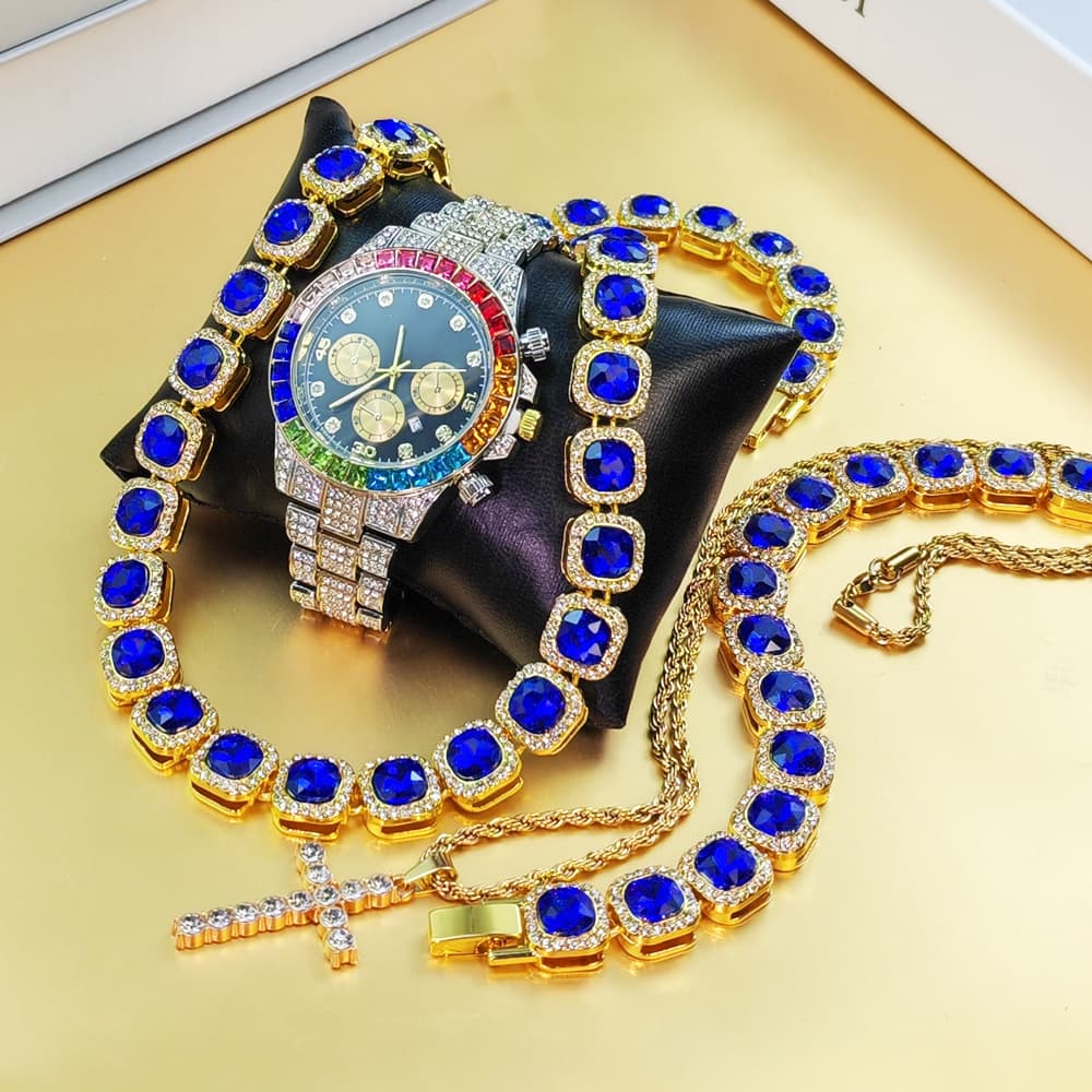Hip Hop New Gold Cuban Purple Diamond Necklace Bracelet Cross Set Quartz Watch For Men