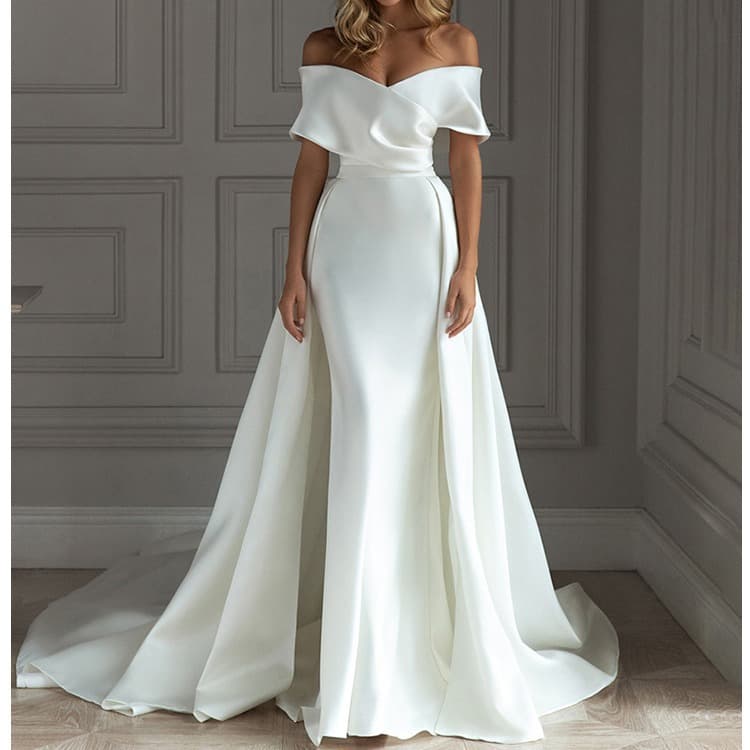 Women's One-shoulder Satin Fishtail Detachable Tail Two-piece Wedding Dress Satin Fishtail Satin Slim Model
