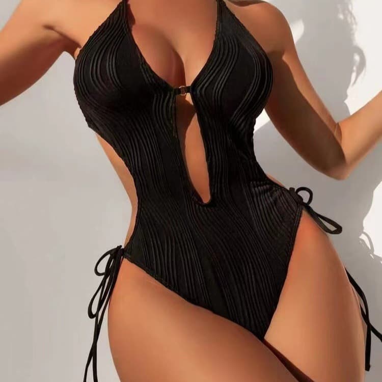 Women's Clothing Solid Color Backless Hollow Halter Neck One Piece Bikini Lace Up Slim Beach Sexy Swimsuit