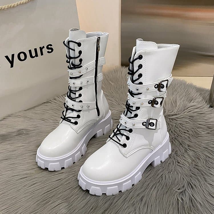 European American Cross-Border Thick-Soled Martin Boots For Women, Autumn And Winter New Round-Toe Belt Buckle