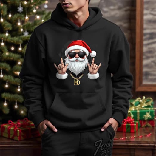 Christmas Santa Print Hooded Sweatshirt – Unisex Fleece-Lined Pullover For Holiday Festivities & Casual Wear