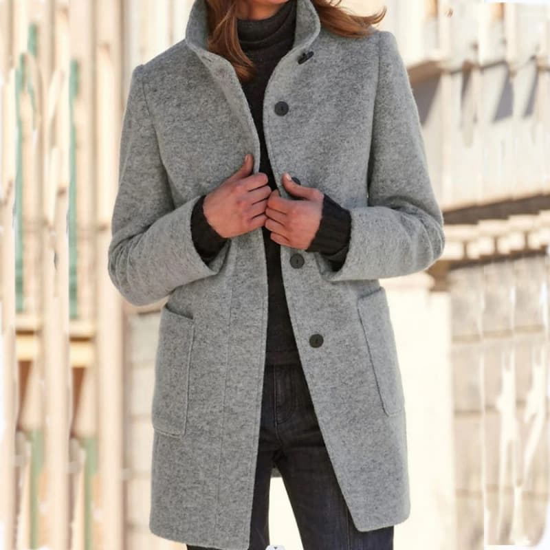 Vintage Wool Blend Coat – Fall/Winter Women’s Stand Collar Button Jacket (Navy/Beige/Caramel, S-5XL)