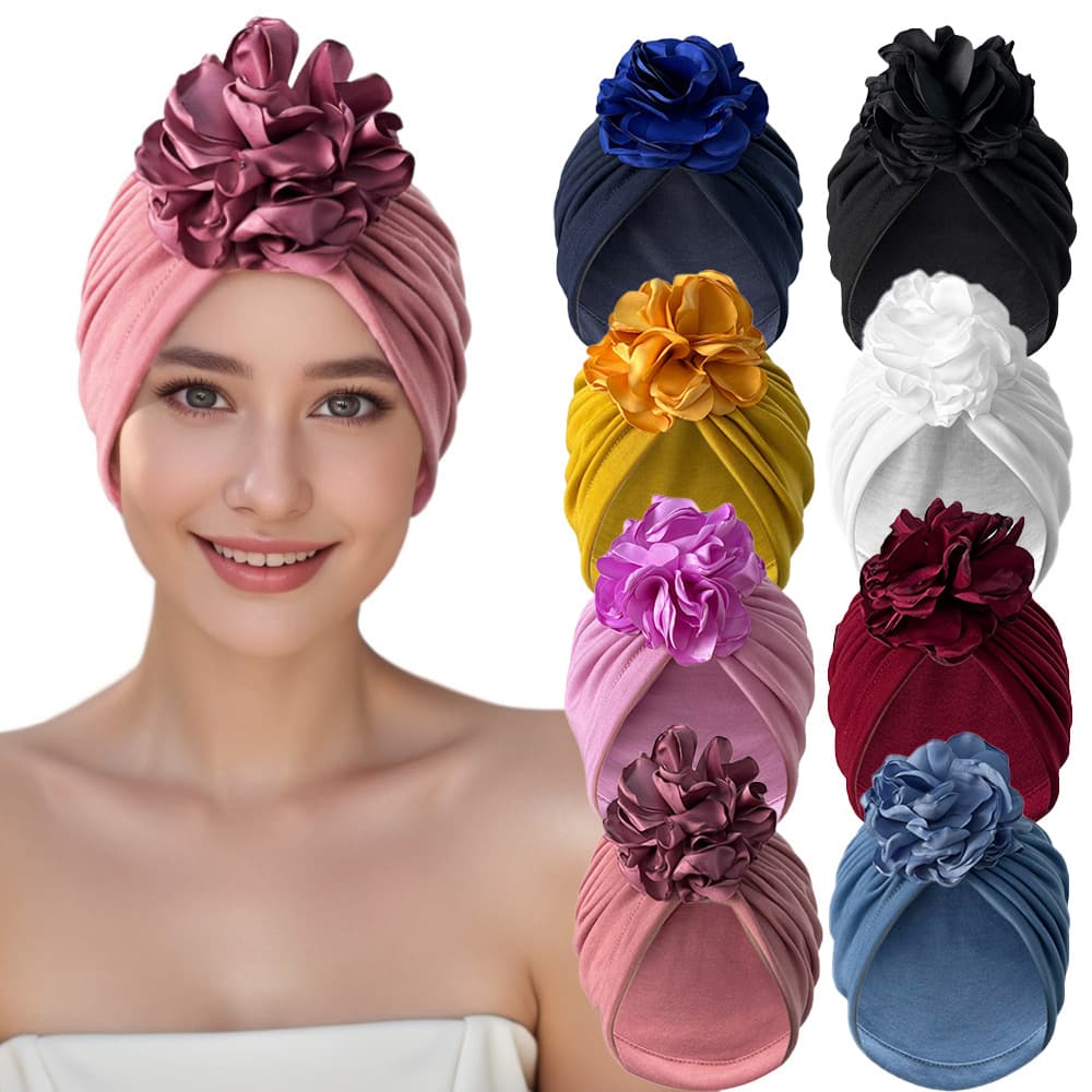 Muslim hat Flower bandana fashion head cover decoration solid color hat elastic bun hat women all match