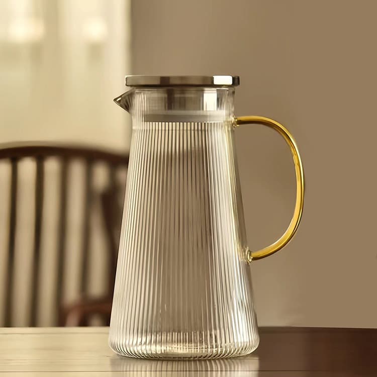 Striped Glass Pitcher With Bamboo/Stainless Steel Lid – 1.5L Hand-Blown Heat-Resistant Beverage Jug For Iced Tea, Infused Water & Cocktails