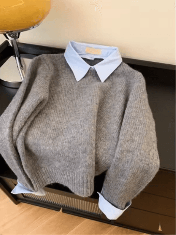 Fake Two Shirts Collar Sweater Women's Autumn Outfit New Lazy Linterior Contrasting Color Gray Knit Sweater Top With Flip Collar