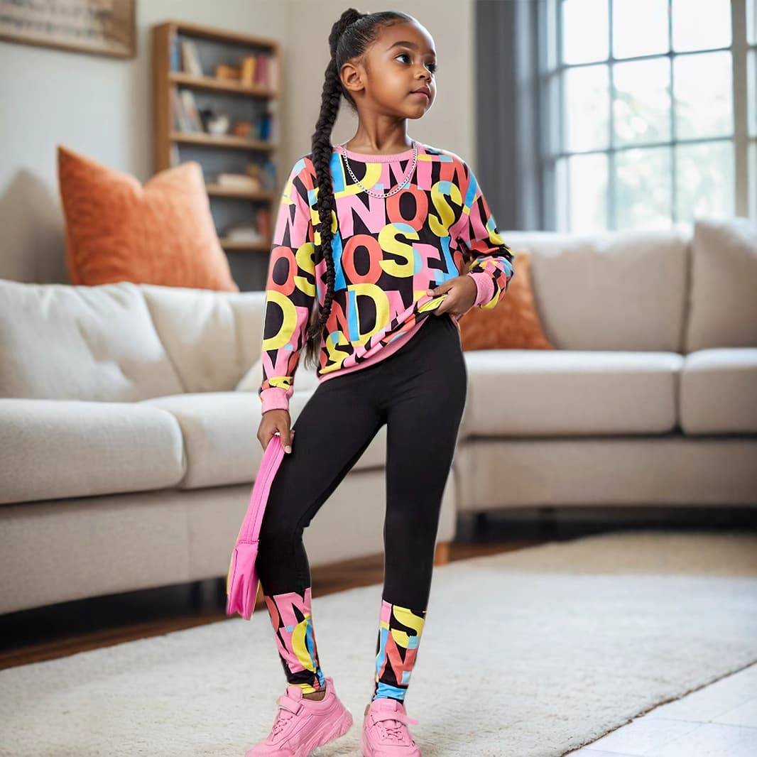 Kids’ Clothing Girls Comfortable Letter Pattern Full Print Round Neck Sweatshirt Leggings Casual Suit