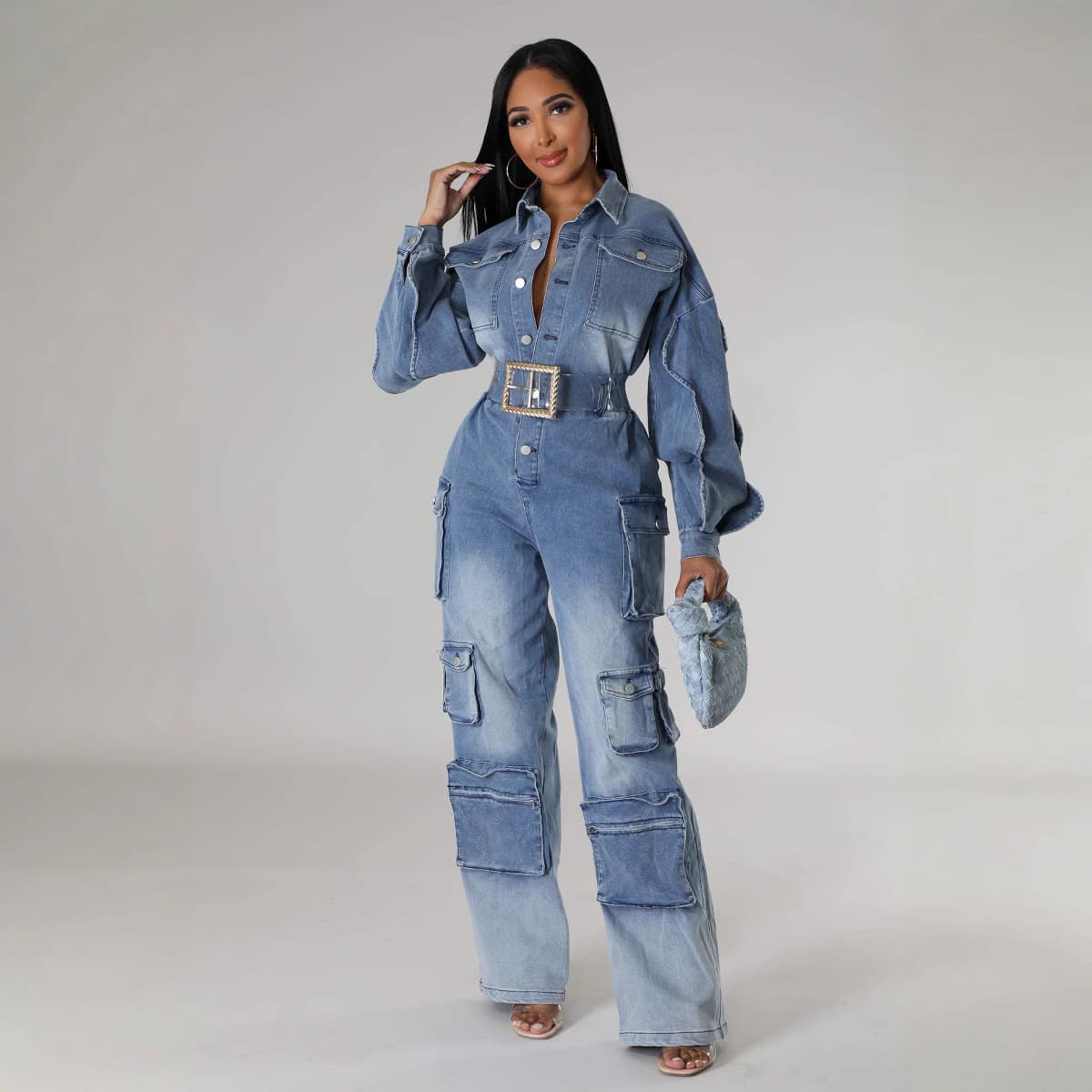 Women's Clothing Overalls Washed Old Denim Jumpsuit Jumpsuit Multi Pocket Wide Leg Pants