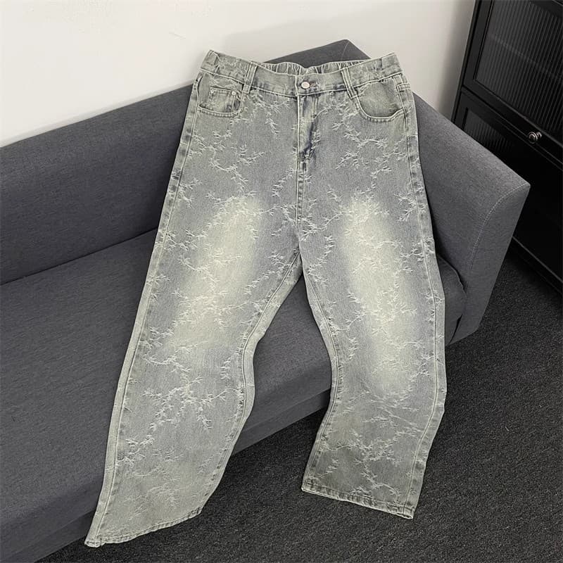 Men's Clothing Retro Washed Thorn Jacquard Jeans Men's American High Street Vibe Straight Loose Wide Leg Flared Casual Pants