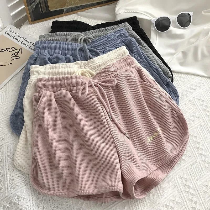 Waffle Sports Shorts Women's Summer 2023 New Korean Version Loose High Waisted Home Wide Leg Hot Pants for External Wear