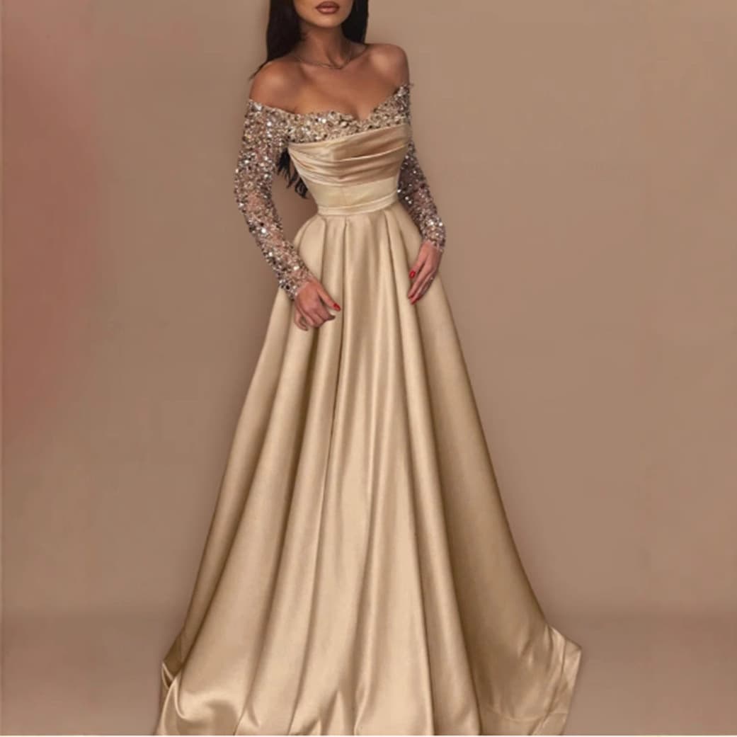 2026 European And American Cross-border Women's Banquet Long-sleeve Elegant Lady Hostess Evening Dress With Sequins For