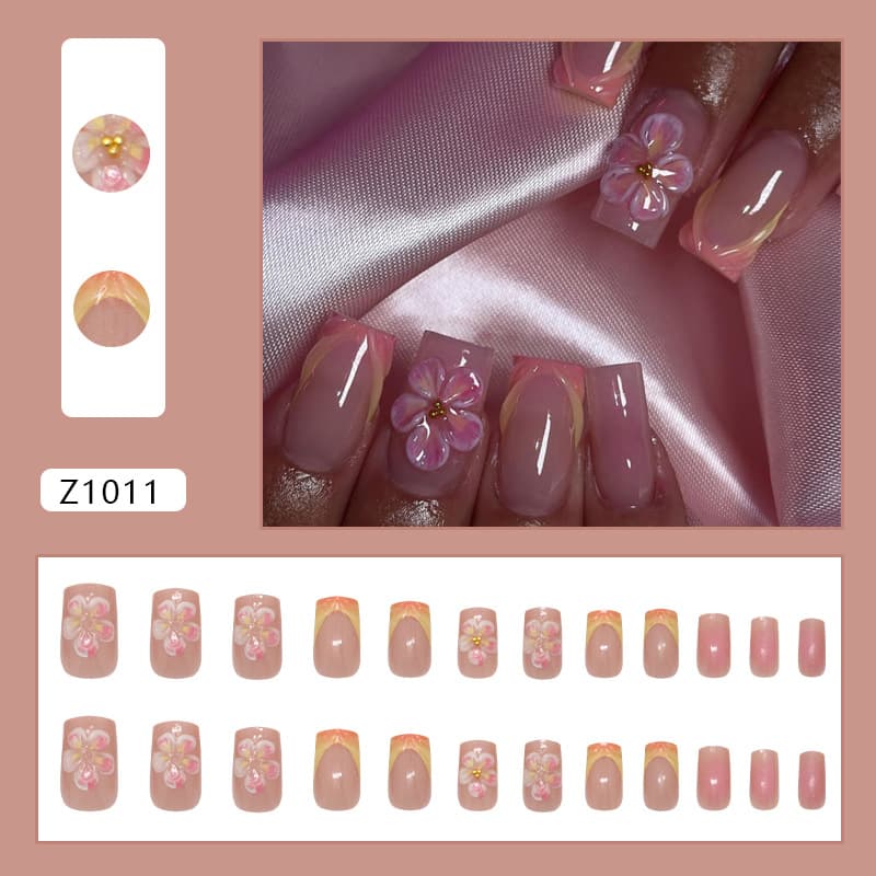 Beauty & Health Girl Blush Gradient French Three Dimensional Stripes Ice Flower Gold Beans Ins Style Detachable Nail Art Pieces 24 Pieces