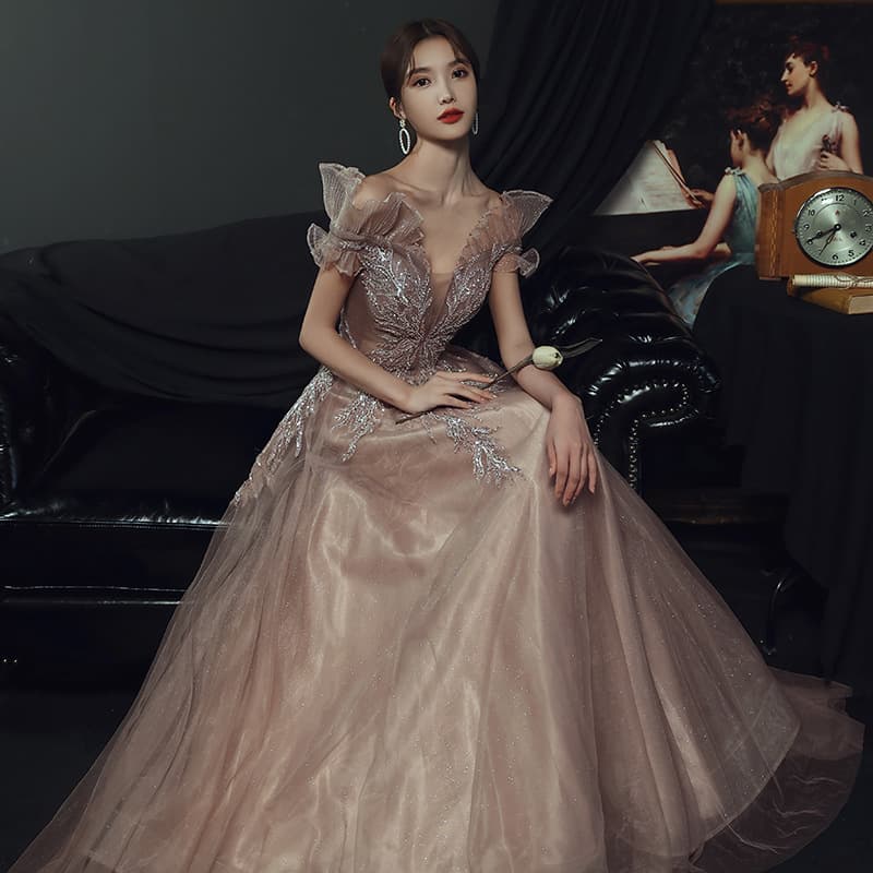 ​​Elegant Evening Gown For Women – Slimming A-Line Dress With Princess Sleeves, Perfect For Banquets, Parties & Special Occasions (Khaki, Lavender)​​