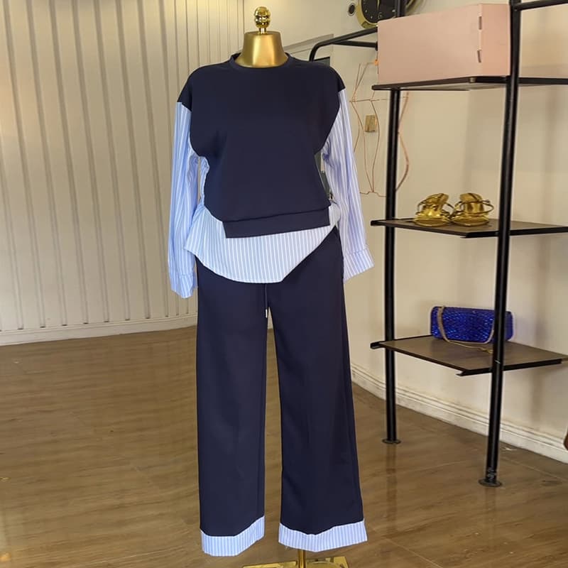 ​Women's Summer Casual Stripe Print High Waist Pants Set With Round Neck Blouse – Stylish & Comfortable Outfit For Everyday Wear​