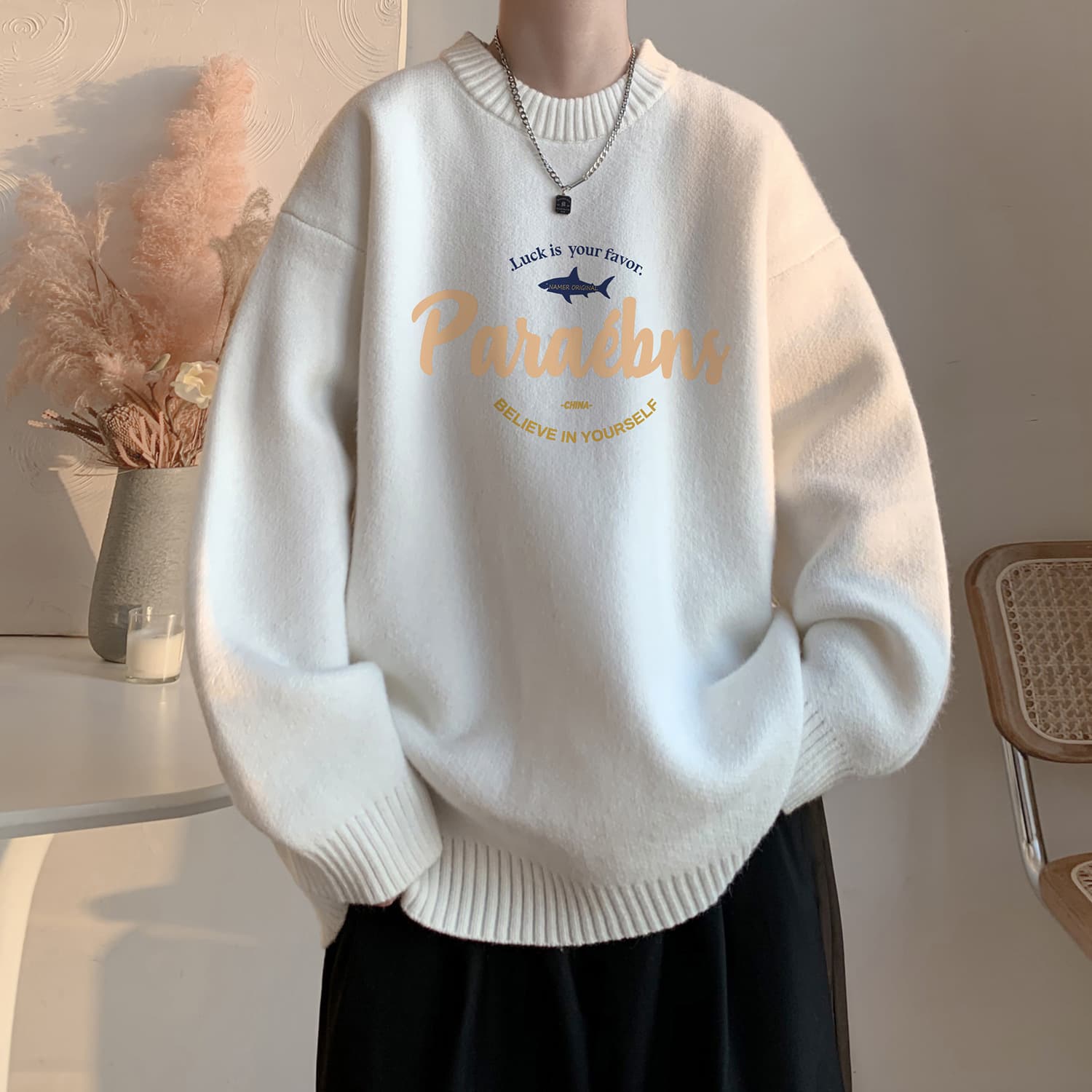 Chaoshan Men's Autumn and Winter American Lazy Style Round Neck Sweater ootd Wearing Casual Loose Thickened Linen