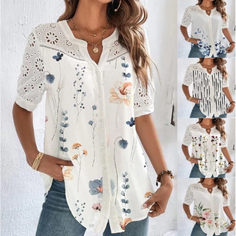 Women's new fashion button lapel short sleeve shirt blouse