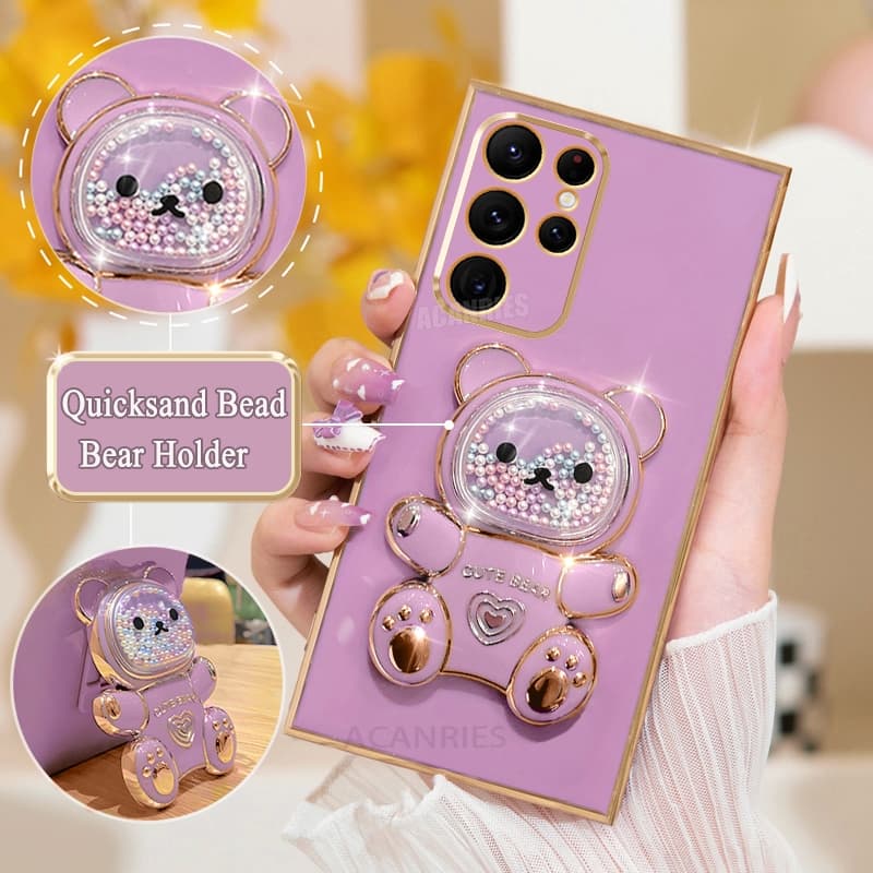 S 24 22 23 25 Quicksand Bear Holder Plating Case For Samsung Galaxy S21 S20 S22 S23 S24 Fe S25 Plus Ultra Silicone Stand Cover