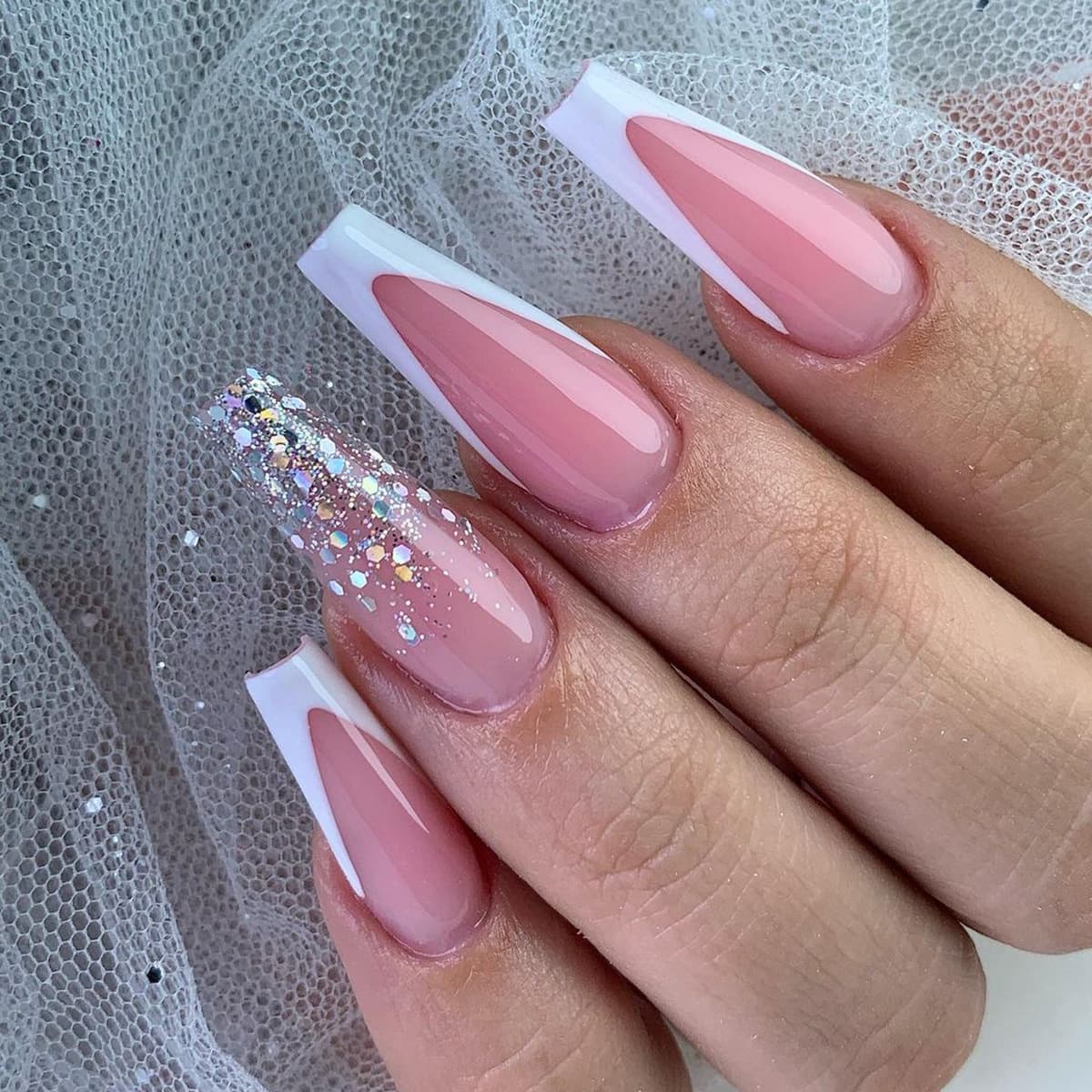 French White Edge Minimalist Long Ballet Beauty Transparent Shining Pink Wearing False Nail