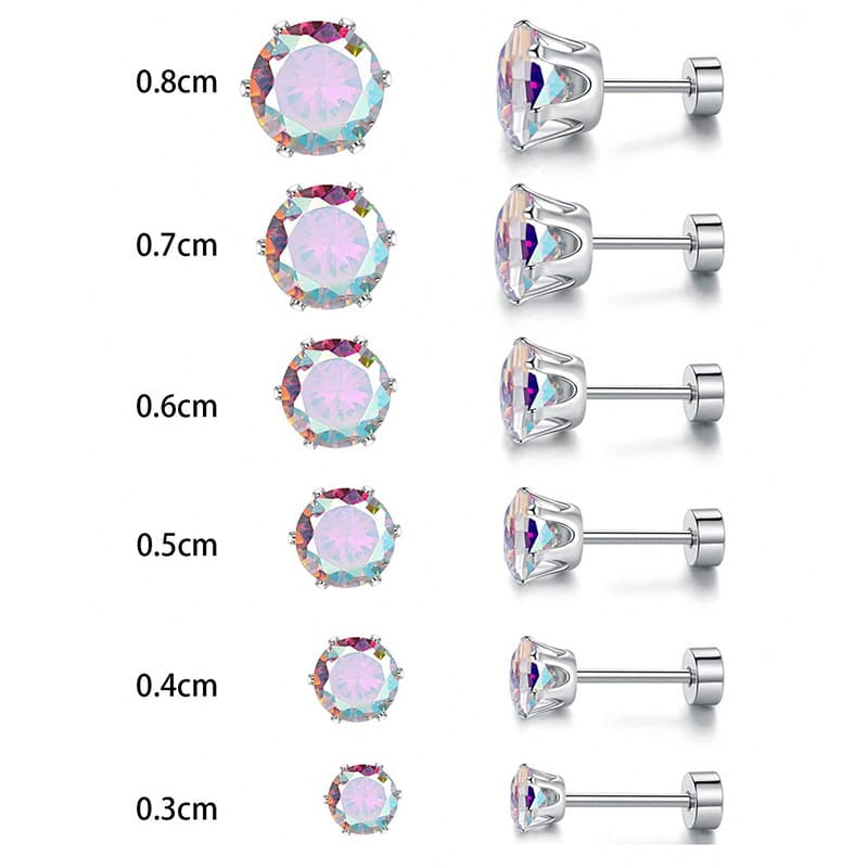 Premium Stainless Steel Zircon Earrings Set - 6 Pairs Hypoallergenic Studs For Men And Women, Minimalist Geometric Design (3-8mm)