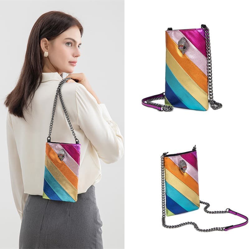 Fashionable and Versatile Colorful Striped Chain Shoulder Bag Crossbody Bag Eagle Head Small Bag Mobile Phone Bag Suitable for Shopping and Shopping
