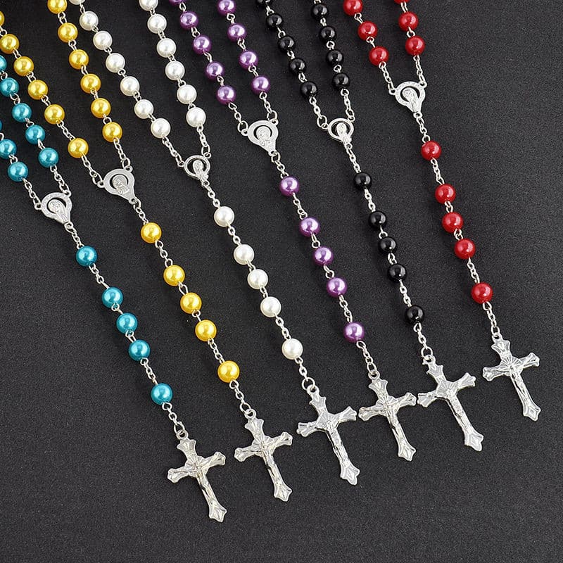 Cross-border European and American pearl cross rosary long tassel necklace fashion temperament unisex sweater chain
