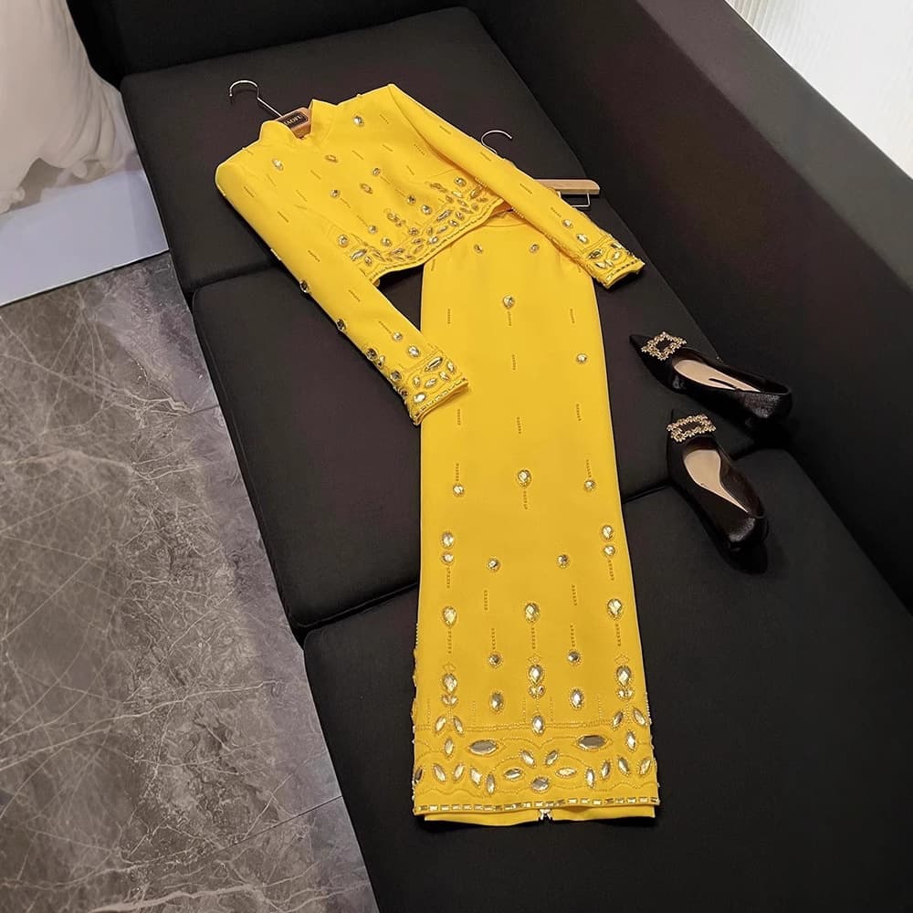Women's Clothing Celebrity Fashion Heavy Beaded Diamond Short Top Long Skirt Suit Two Piece Suit