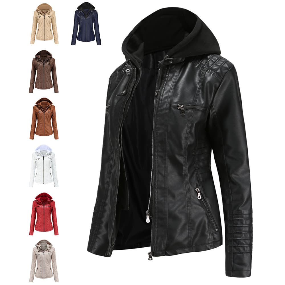 Two-piece Detachable Hooded Leather Jacket For Women; Plus Size Coat