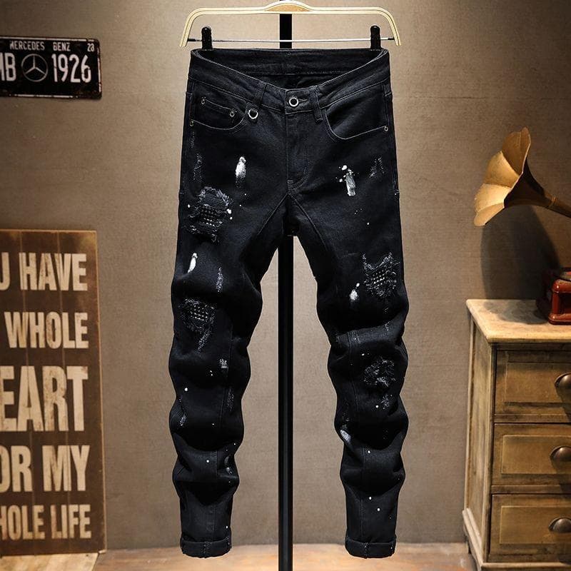 Men's Clothing Ripped Patch Jeans Spring And Autumn New Trendy Brand Black High Street Versatile Slim Fit Skinny Casual Trousers