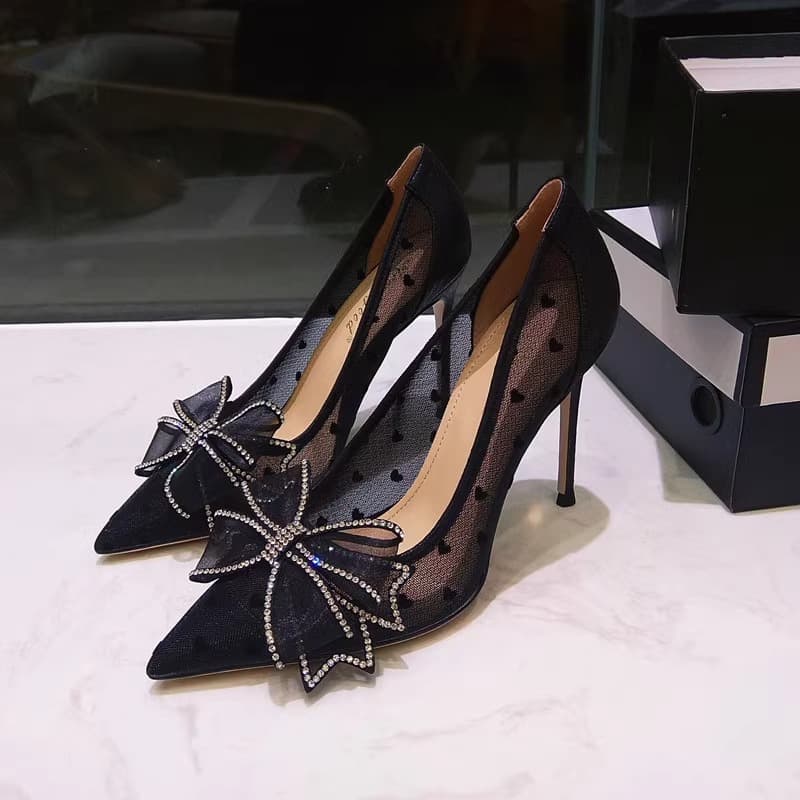 Women's shoes, women's high heels, stiletto heels, versatile bow mesh, lace pointed toe pumps, women's wedding shoes