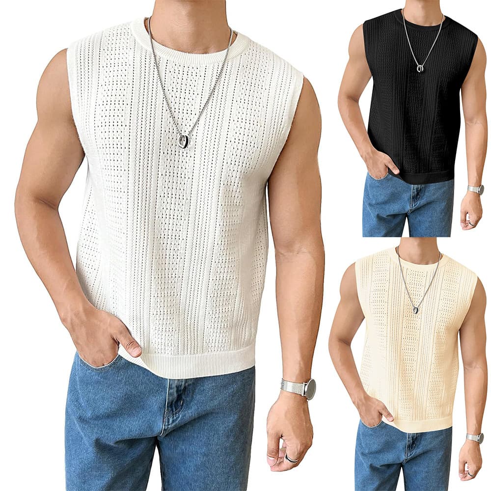 Men's Clothing Summer Men's New Solid Color Hollow Breathable Round Neck Casual Vest Sweater Men's Sleeveless Tops Men's Clothing