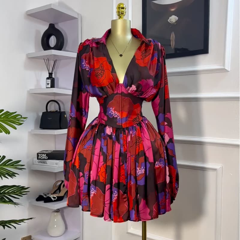 Women’s Clothing spring new style elegant printed V neck backless high waist dress short skirt
