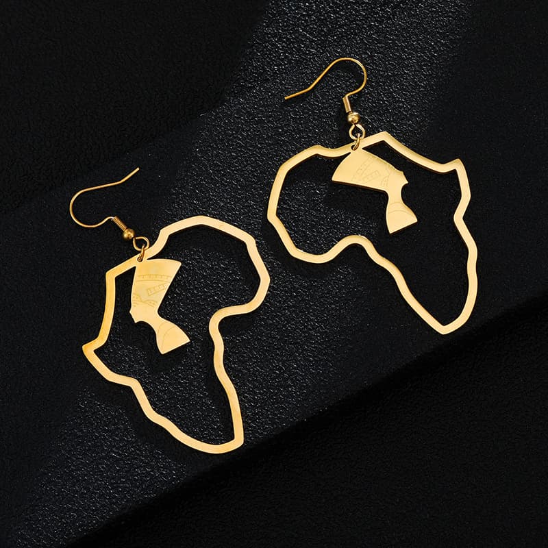 Fashion Women Africa Map Earrings Gold Stainless Steel Egyptian Queen Nefertiti Earrings