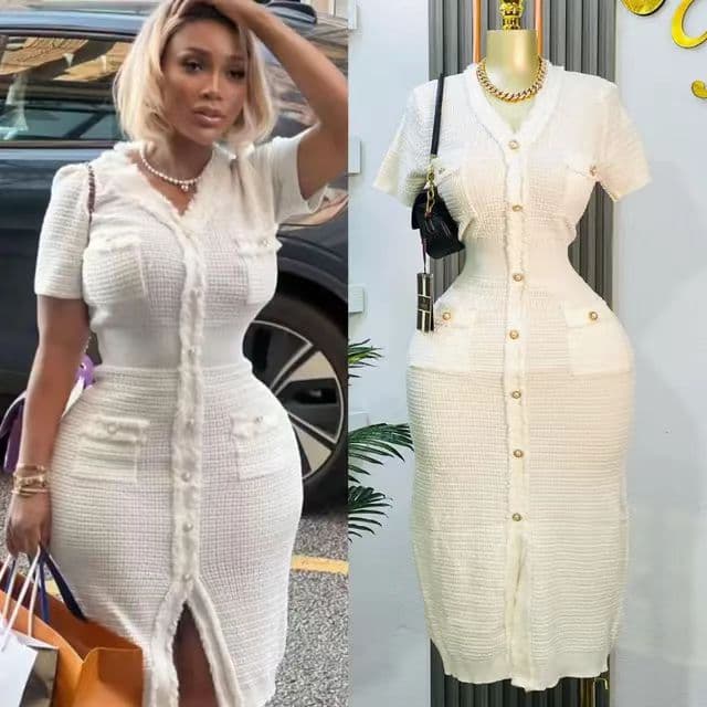 Women's Clothing V Neck Short Sleeved Sweater Dress Waist Temperament Knitted Dress