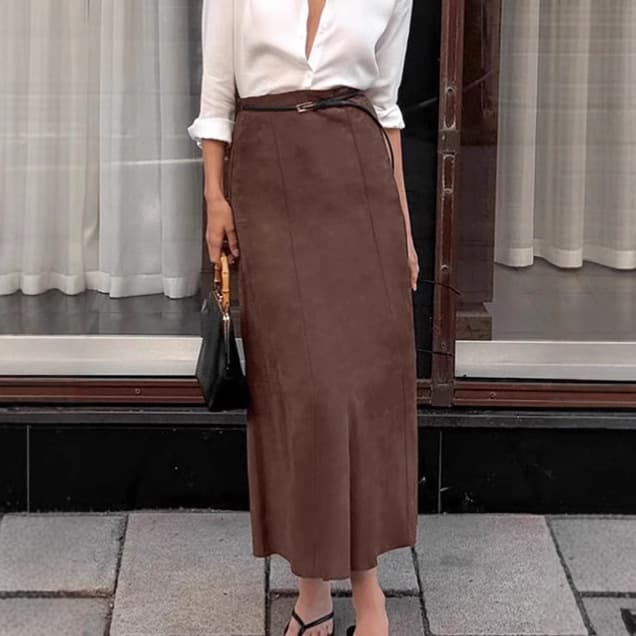 Autumn Retro Earth Brown Suede Skirt Women French Temperament High Waist Plus Velvet A Line Long Skirt Women's Clothing