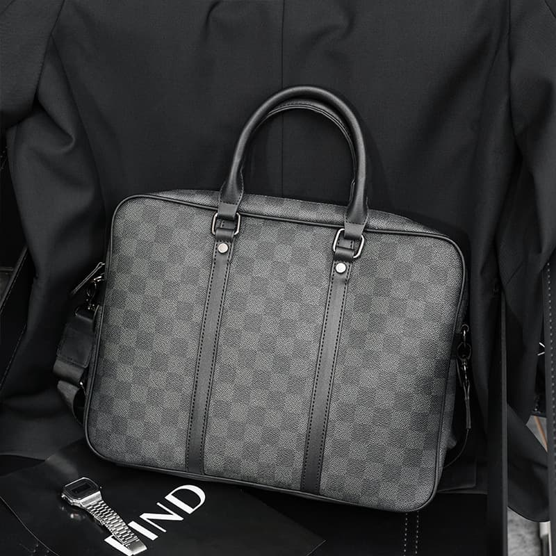 New Korean Fashion Business Handbag Trendy Plaid Large Capacity Shoulder Horizontal Briefcase Men's Bag