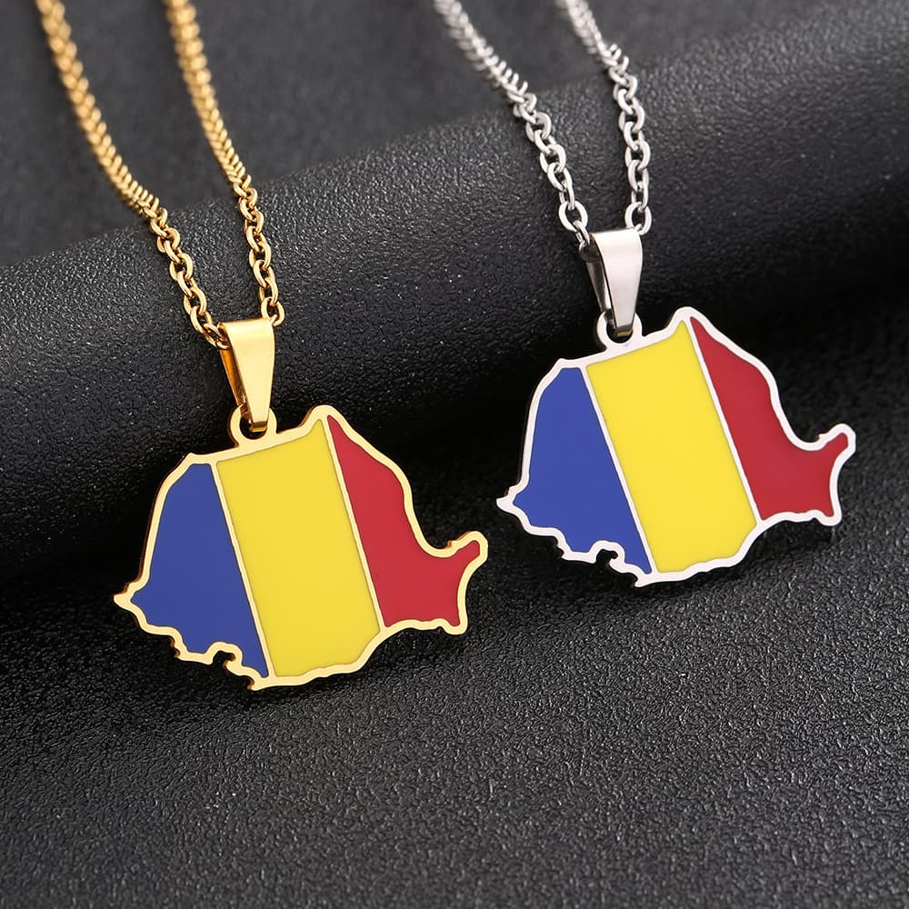 Hot Sale Romania Map Stainless Steel Necklace Men and Women Ethnic Titanium Steel Oil Drop Pendant Trendy Accessories