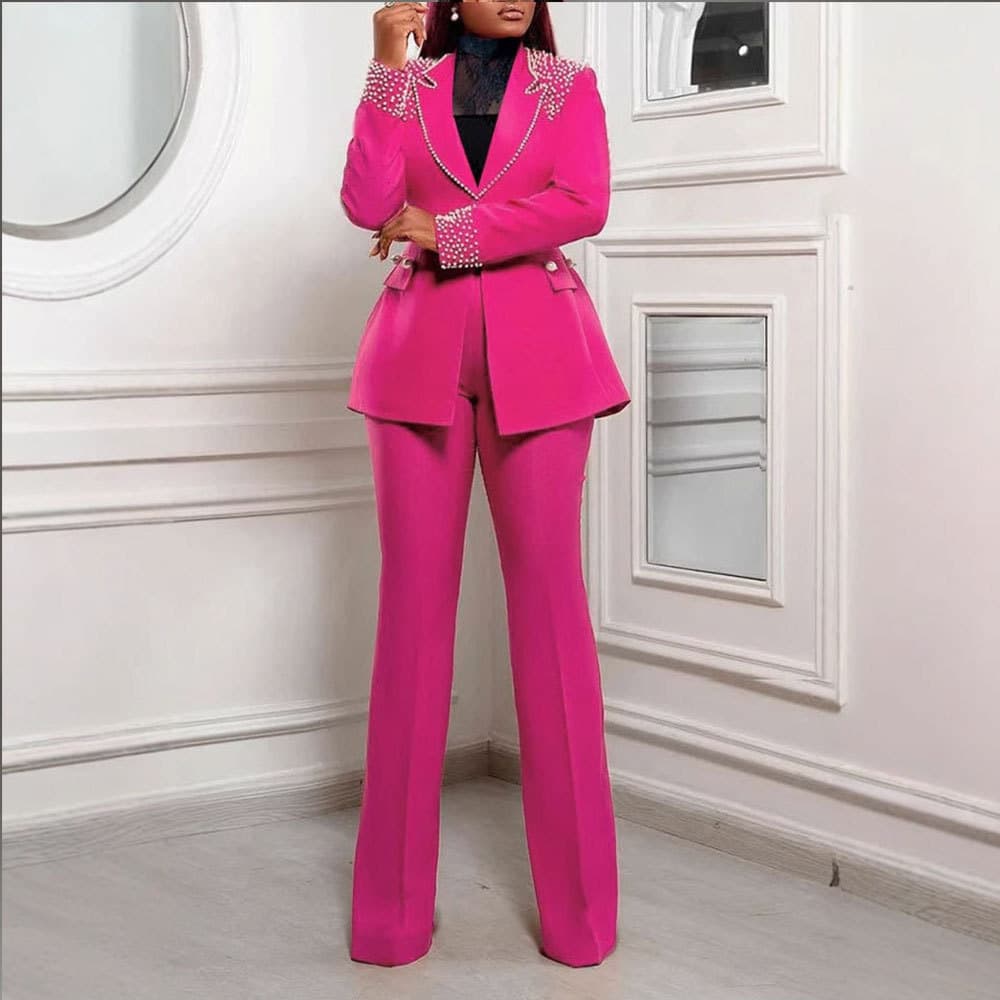 K Women's Pearl Long-sleeved Slim-fit Stretch Suit Two-piece Set;