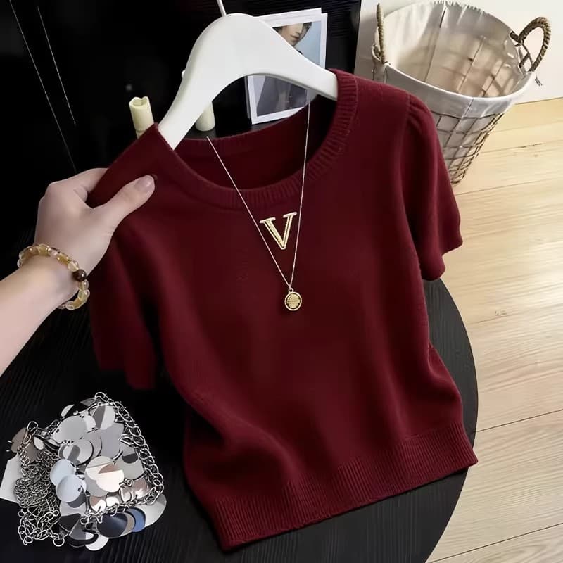 Women's Gray Knitted Short Sleeve T-Shirt Stylish Youthful Elegant Top For Summer New Style