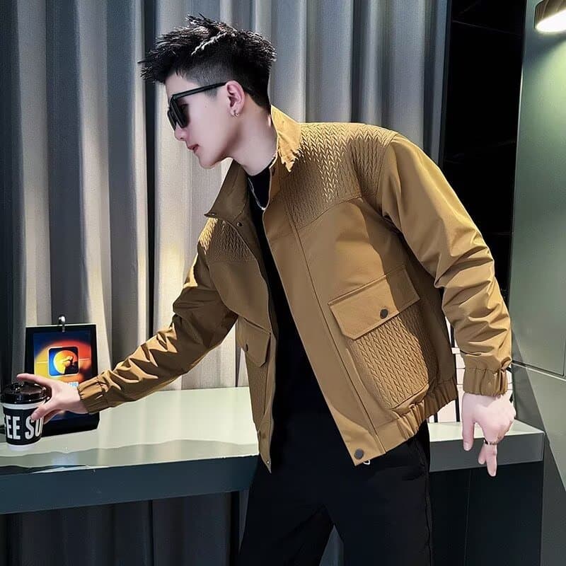 Teenagers Wearing Stand Up Collar Standard Jacket, Regular Long Sleeved Workwear Jacket, Men's Zipper