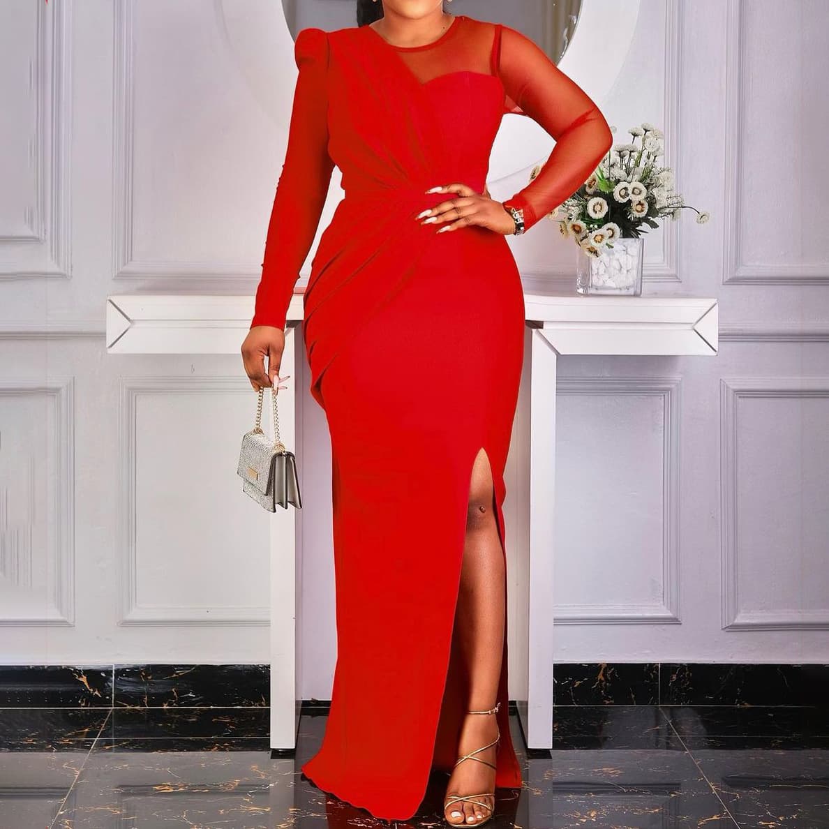 Women's Clothing Site Mesh Splicing Solid Color Large Size Fashion Slit Dress Skirt Long Skirt Dress