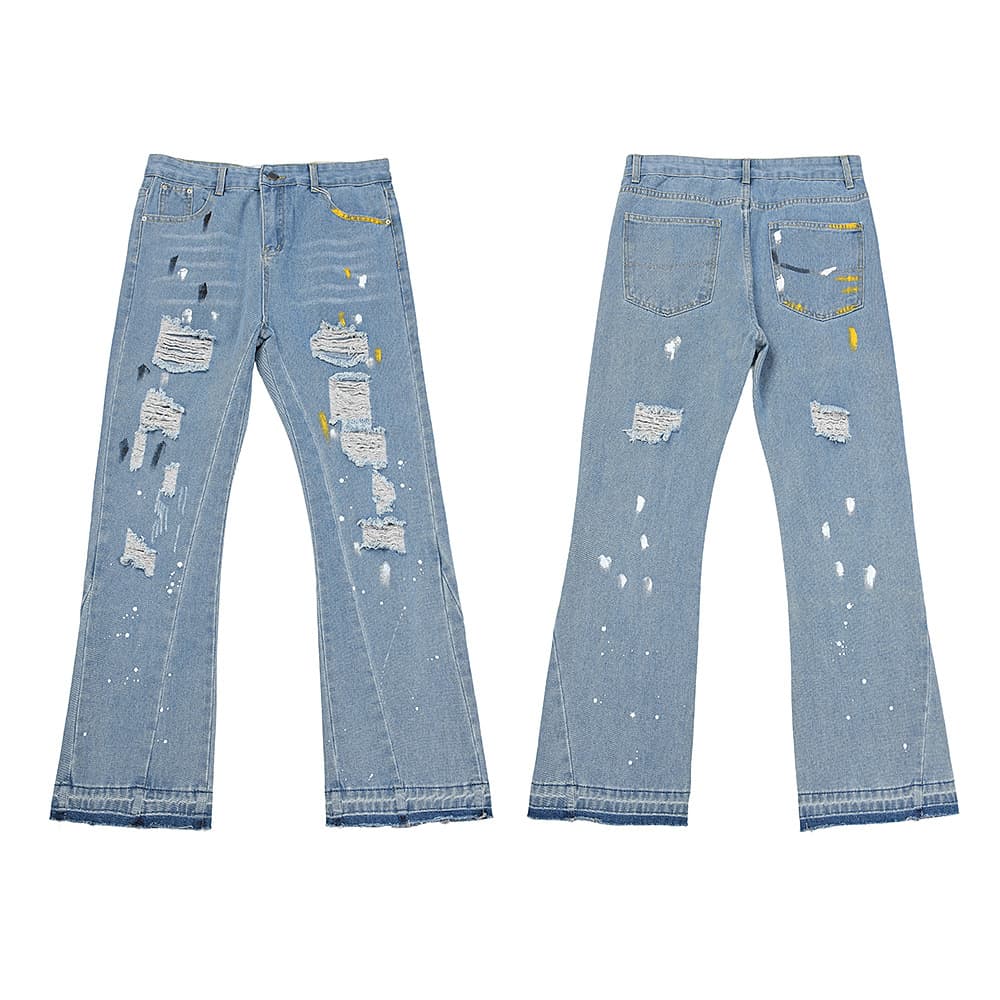 Distressed Washed Denim Jeans With Splatter Paint & Patchwork Details - Vintage Hip-Hop Style For Men & Women
